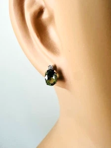 Estate 14K Yellow Gold Oval Moldavite Stud Earrings - Picture 1 of 8