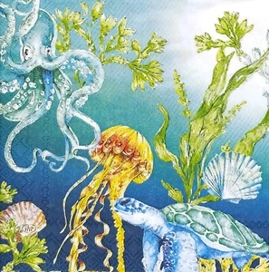 Z014# 3 servilletas de papel pequeñas individuales para decoupage vida marina tortuga medusa pulpo - Imagen 1 de 9
