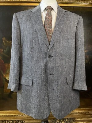 VTG Stafford 46R Dark Gray 100% Silk Tweed Herringbone 2Btn Blazer Sport Coat - Image 1 of 4