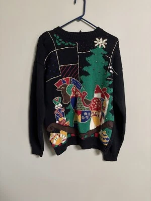 Vintage 90s Black Graphic Knit Embellished Ugly Christmas Sweater Size Large - Image 1 of 4