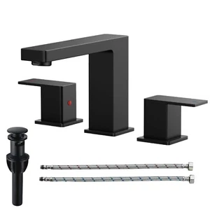 Bathroom Sink Faucet 3 Holes Black Widespread Basin Vessel Mixer Tap with Drain - Picture 1 of 11