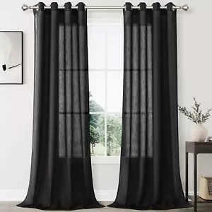 Linen Curtains 96 inches Long for Living Room Black Grommet Semi Sheer Light ... - Picture 1 of 8