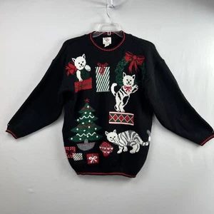 Vintage 90s Christmas Sweater Nutcracker Cats Kittens Crewneck Womens size Large - Picture 1 of 10