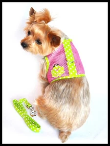 NWT Doggie Design Pink/Green Frog White Polka Dot Mesh Dog Harnes w/Leash S M L - Picture 1 of 7