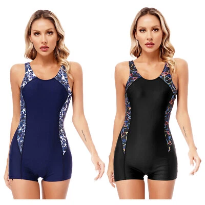 DE Damen Badeanzug mit Bein Sportlich Schwimmanzug Bauchweg Racerback Bademode - Bild 1 von 4