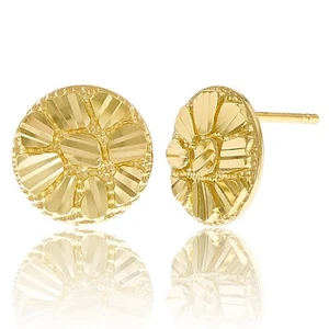 14k Yellow Gold Diamond Cut Nugget Round Stud Earrings 10mm 1.4 grams - Picture 1 of 4