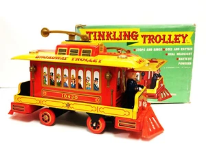 VINTAGE MODERN TOYS OF JAPAN BATTERIEBETRIEBENER KLINGELNDER TROLLEY BLECHSPIELZEUG FUNKTIONIERT! - Bild 1 von 12