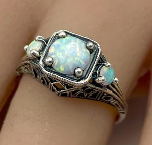 DECO ANTIQUE STYLE 3 STONE 925 STERLING SILVER LAB-CREATED OPAL RING       1062X - Picture 1 of 11