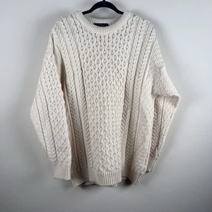 Blarney Woollen Mills Fisherman Sweater Mens Large 100% Wool Ivory Pullover - Picture 1 of 6