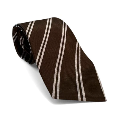 Corbata clásica de seda E.MARINELLA NAPOLI marrón y blanco a rayas diagonales de 3,5" Foto 1 de 4