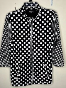 Onque Casual Womens Jacket Sz. M Black and White Polka Dot Zip Up 3/4 Sleeves - Picture 1 of 10
