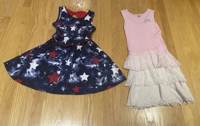 Lote De 2 Vestidos De Verano Tanque Justicia Rojo Blanco Azul Estrellas y Rosa Mignone Talla 8 Foto 1 de 4