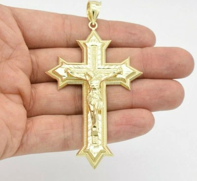 Colgante Crucifijo Cruz Jesús Corte Diamante 3 3/4" Oro Amarillo Sólido Real 10K Foto 1 de 2