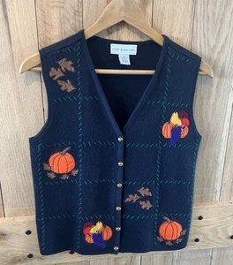 Craft & Burrows Fall Pumpkin Leaves Felt Embroidered Button Sweater Vest Sz S - Picture 1 of 6