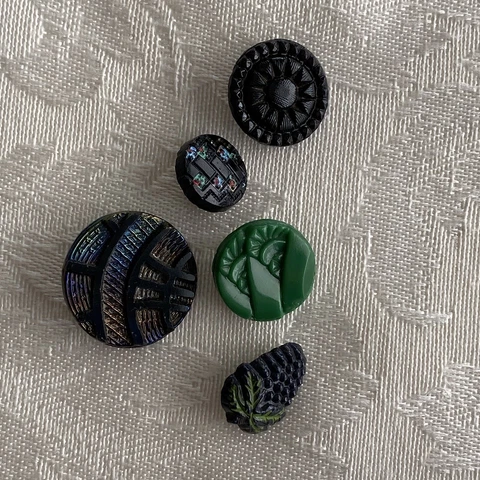 5 Antique Vtg Black Green Glass Button Iridescent Art Deco Fan Grapes Floral Cover