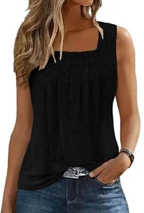 Summer Tank Tops for Women Eyelet Embroidery Pleated Square Neck Sleeveless S... - Picture 1 of 3