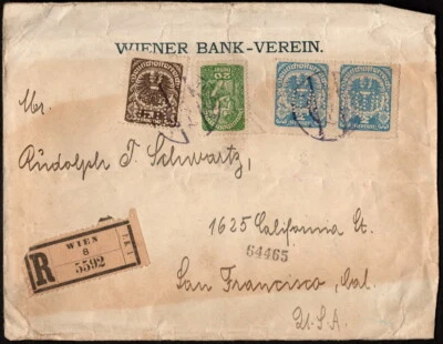 Austria - 1920 - Registered Bank Correspondence Cover to the US w Perfins - Nice - Image 1 of 2