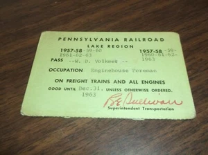 1957-1958 PENNSYLVANIA RAILROAD PRR EMPLOYEE PASS W. D. VOLKMER - Picture 1 of 1