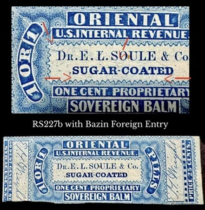 Scarce #RS227b 1¢ Soule w/#RT1 Foreign Entry Private Die Proprietary Revenue M&M - Picture 1 of 5