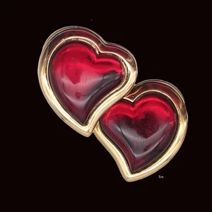YVES SAINT LAURENT YSL Auth Heart Stone Earrings Logo Cute Vintage Gold GP Red - Picture 1 of 14