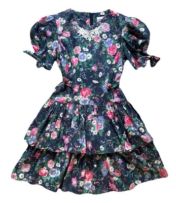 Vtg 90's My Michelle Girls Blue Floral Puff Sleeve Lace Cottagecore Dress Sz 10 - Image 1 of 4