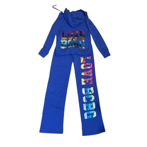 Y2K BCBG Tracksuit Womens Small Blue Rainbow Sequin Logo Hoodie Pants 2pc - Picture 1 of 5