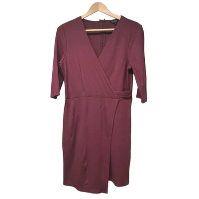 Topshop Women Ponte Faux Wrap Maroon V-Neck Dress 3/4 Sleeves Size 10 - Image 1 of 4