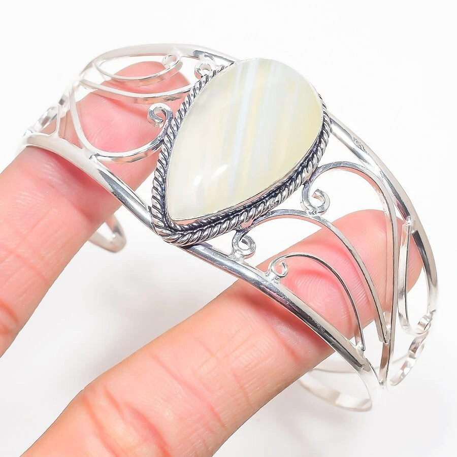 Brazalete ajustable de plata de ley 925 con bandas naturales de ágata Foto 1 de 1