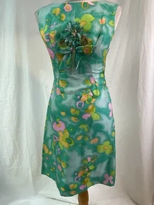 VTG 60s Pink & Green Floral Silk Sleeveless Hourglass Cocktail Party Dress S - Picture 1 of 6