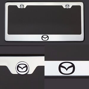 T304 Chrome Polished Mazda Logo Black Laser Etched Engraved License Plate Frame