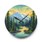 Retro Nature Art, Vintage Style Mountain Vista, Acrylic Wall Clock, Analog Clock