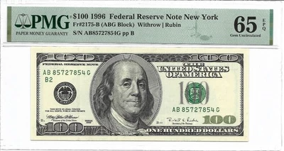 1996 $100 NEW YORK FRN. PMG GEM Uncirculated 65 EPQ Banknote. - Image 1 of 2