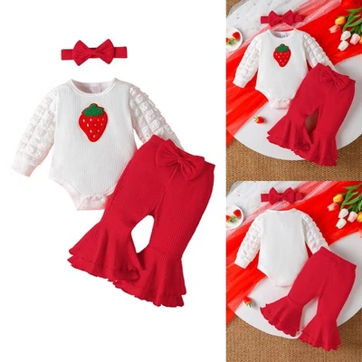 Pagliaccetto casual fascia bambina pantaloni fragola maniche a bolla 3 pezzi abiti - Immagine 1 di 4