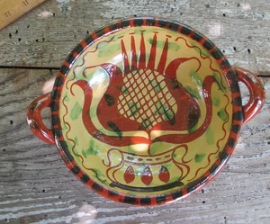JCS Seagraves Pennsylvania Folk Redware Pottery Tulip Plate Bowl w Handles OOAK - Picture 1 of 22