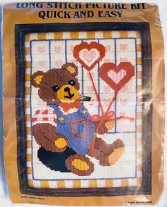 VINTAGE LONG STITCH PICTURE KIT / 1970s MH LS901 - TEDDY BEAR HEART BALLOONS - Picture 1 of 6