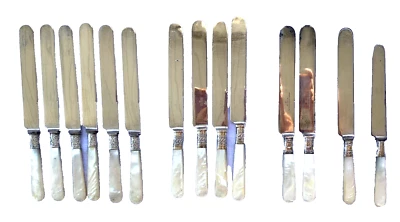 14 Mother Pearl Handle Knives Sterling Ferrules Russell 1834 Meridian Victorian Foto 1 de 4