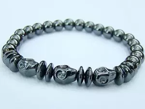 Men's hematite elasticated Bracelet hematite SKULL 8mm beads 8inch - Picture 1 of 4