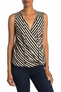 $159 Kenneth Cole New York Women's Black Beige Striped Hi-Low Surplice Blouse XS - Picture 1 of 2