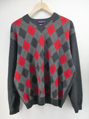 Cashmere V Neck Argyle Sweater L Classic Preppy Mens John Ashford Red Gray - Image 1 of 4