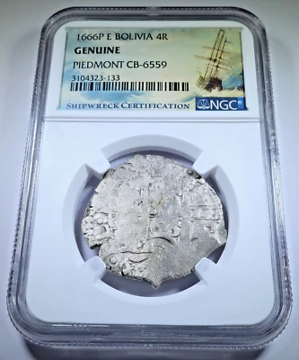 NGC Piamonte Naufragio 1666 Español 4 Reales Genuino 1600 Pirata Cob 4R Moneda Foto 1 de 2