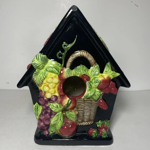 Vintage Ceramic Birdhouse Black 3D Fruit Basket Grapes Vines Decorative 8.25” T Cover