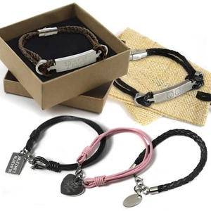 PERSONALIZADA GRABADA DAMA CUERO PULSERA ACERO FECHA DIJES CAJA DE REGALO - Imagen 1 de 30