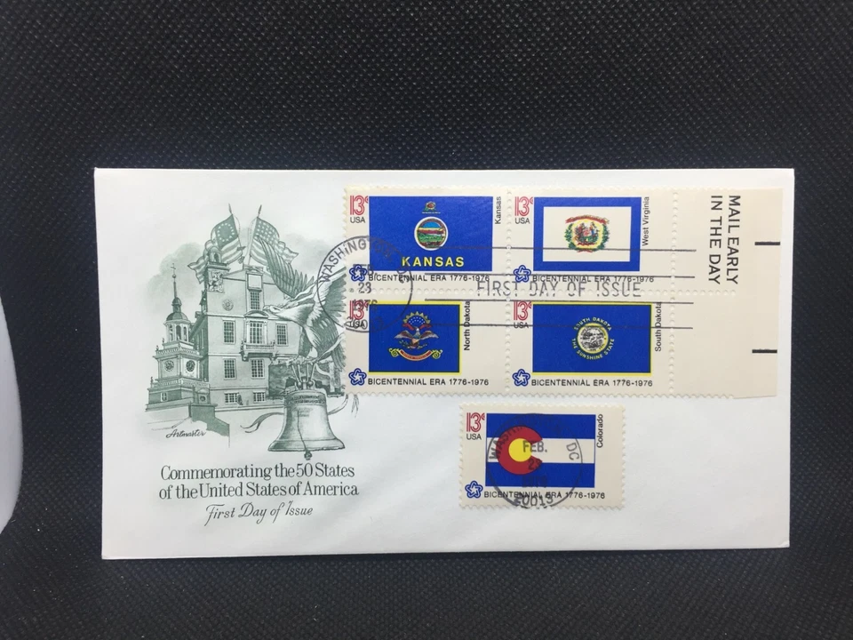 FDC Envelope & Stamp: Commemorating 50 United States KS, WV, CO, SD, ND 1976 - Image 1 of 3