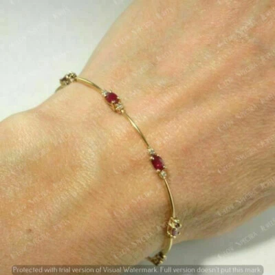 3.00Ct Oval Cut Red Ruby And Diamond Tennis Bracelet 7" 14k Yellow Gold Finish - Image 1 of 4