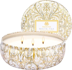 White Tea Scented Candles, Large 3 Wick Soy Tin Candle, over 40 Hour Burning Tim - Picture 1 of 8
