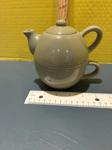 Green PIER 1 Stoneware Tea for One Teapot With Mug Stackable 3-PIECE Set Gift  - Picture 1 of 6