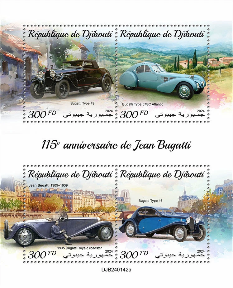 Estampillas Jean Bugatti 115 aniversario coches MNH 2024 Djibouti M/S Foto 1 de 1
