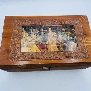 Vintage Cedar Box - Trinket / Keepsake Box w/ Country Motif Litho Design Lid - Picture 1 of 9