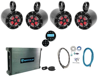 (4) Rockville RKL80MB 8" Marine Boat Wakeboard Tower LED Speakers+Amp+Receiver - Image 1 of 4