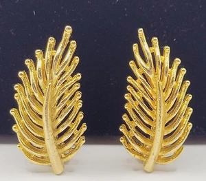 Ohrringe Blatt offen Metall gerippt verzweigt Blätter goldfarben Vintage 80er Jahre - Bild 1 von 15